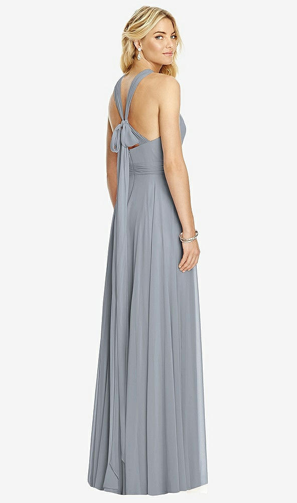 Back View - Platinum Cross Strap Open-Back Halter Maxi Dress