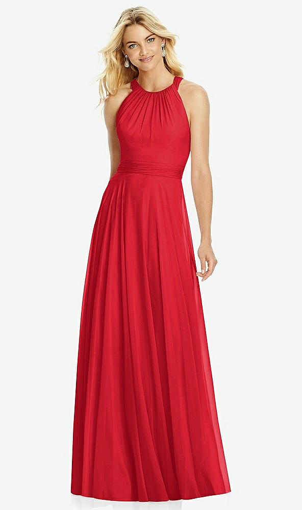 Front View - Parisian Red Cross Strap Open-Back Halter Maxi Dress