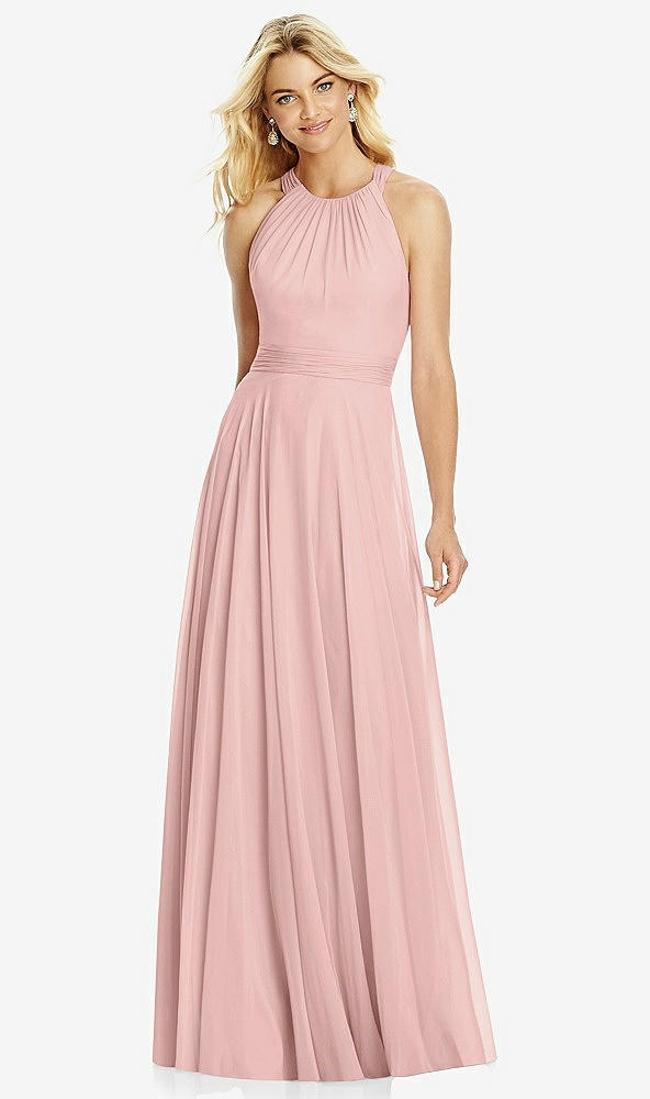 Front View - Rose - PANTONE Rose Quartz Cross Strap Open-Back Halter Maxi Dress