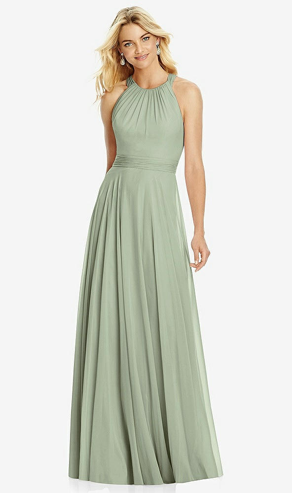 Front View - Sage Cross Strap Open-Back Halter Maxi Dress