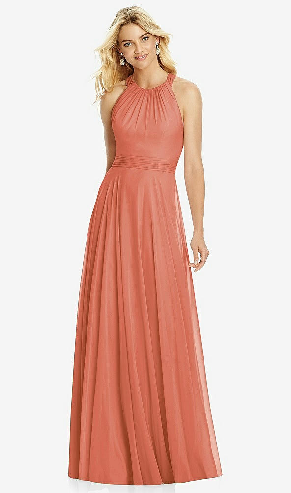 Front View - Terracotta Copper Cross Strap Open-Back Halter Maxi Dress