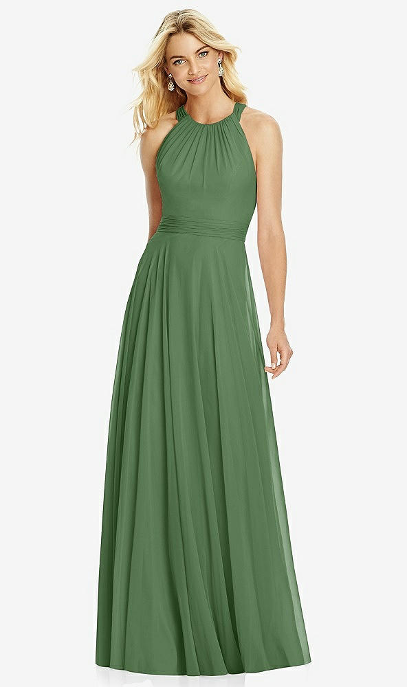 Front View - Vineyard Green Cross Strap Open-Back Halter Maxi Dress