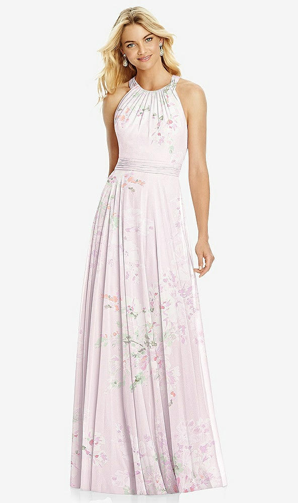 Front View - Watercolor Print Cross Strap Open-Back Halter Maxi Dress