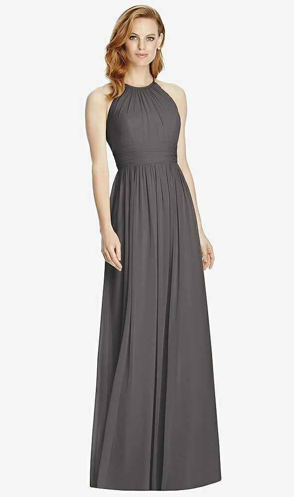 Front View - Caviar Gray Cutout Open-Back Shirred Halter Maxi Dress