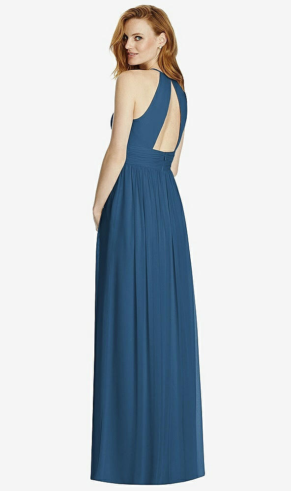 Back View - Dusk Blue Cutout Open-Back Shirred Halter Maxi Dress