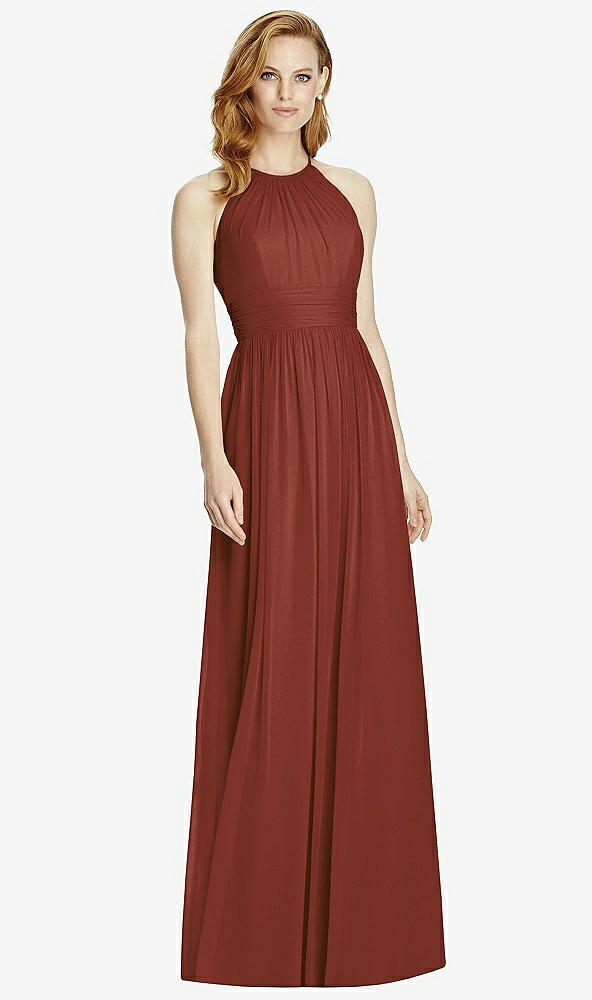 Front View - Auburn Moon Cutout Open-Back Shirred Halter Maxi Dress