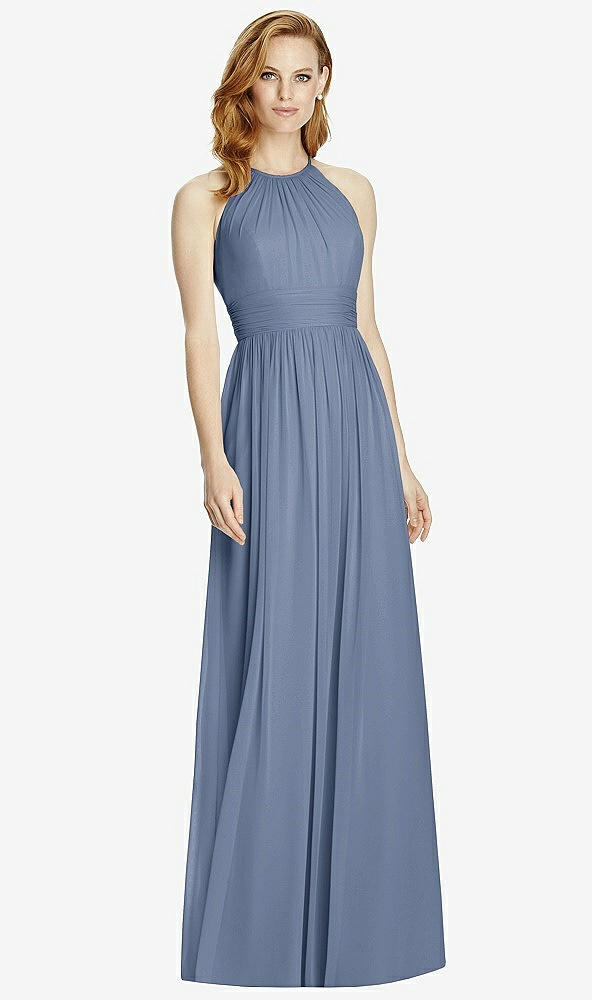 Front View - Larkspur Blue Cutout Open-Back Shirred Halter Maxi Dress