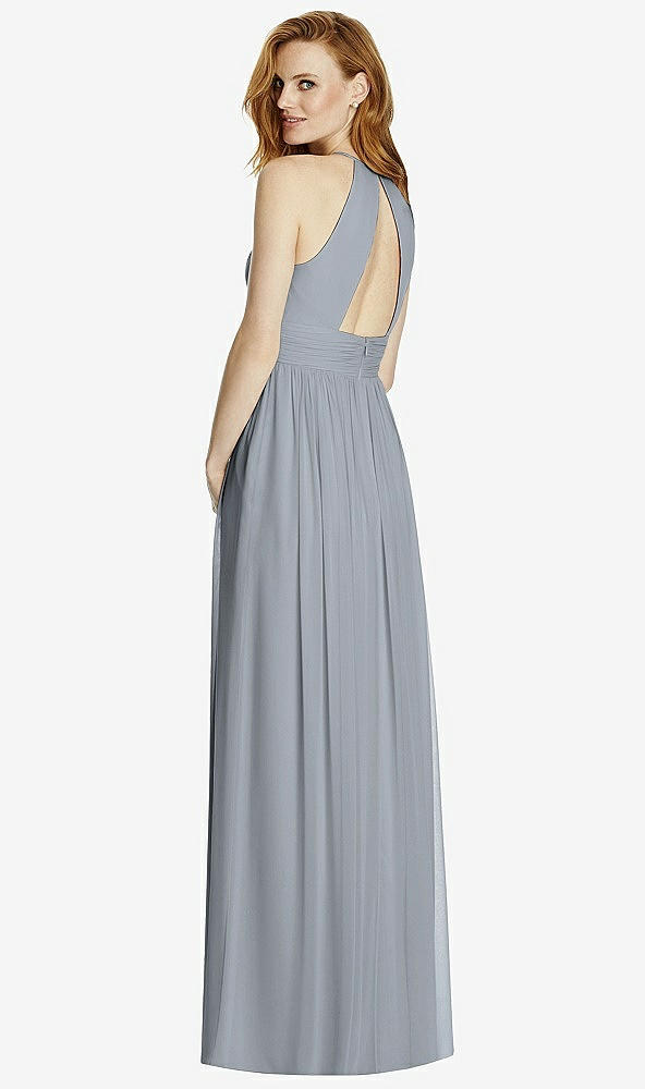 Back View - Platinum Cutout Open-Back Shirred Halter Maxi Dress