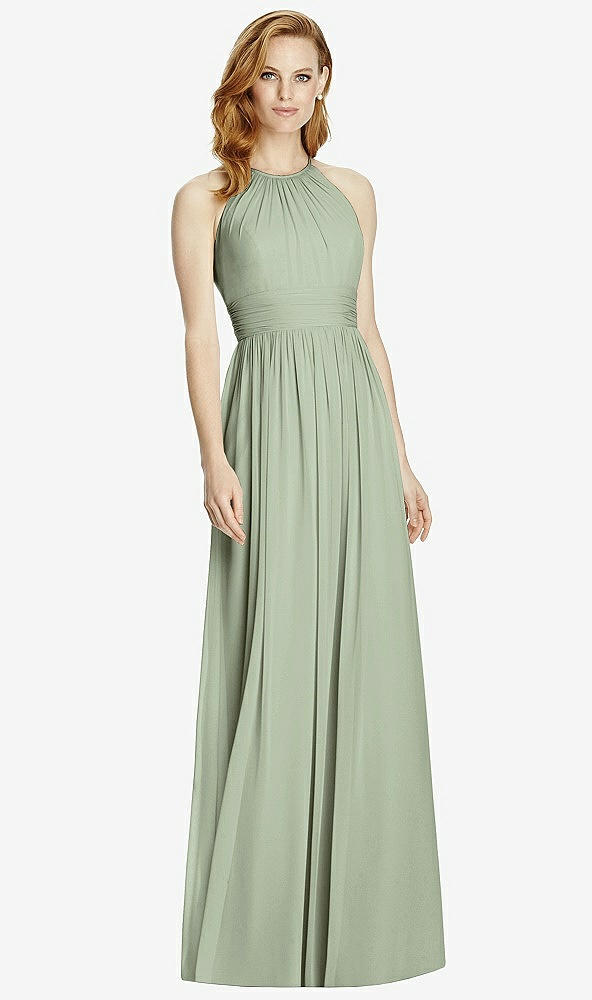 Front View - Sage Cutout Open-Back Shirred Halter Maxi Dress