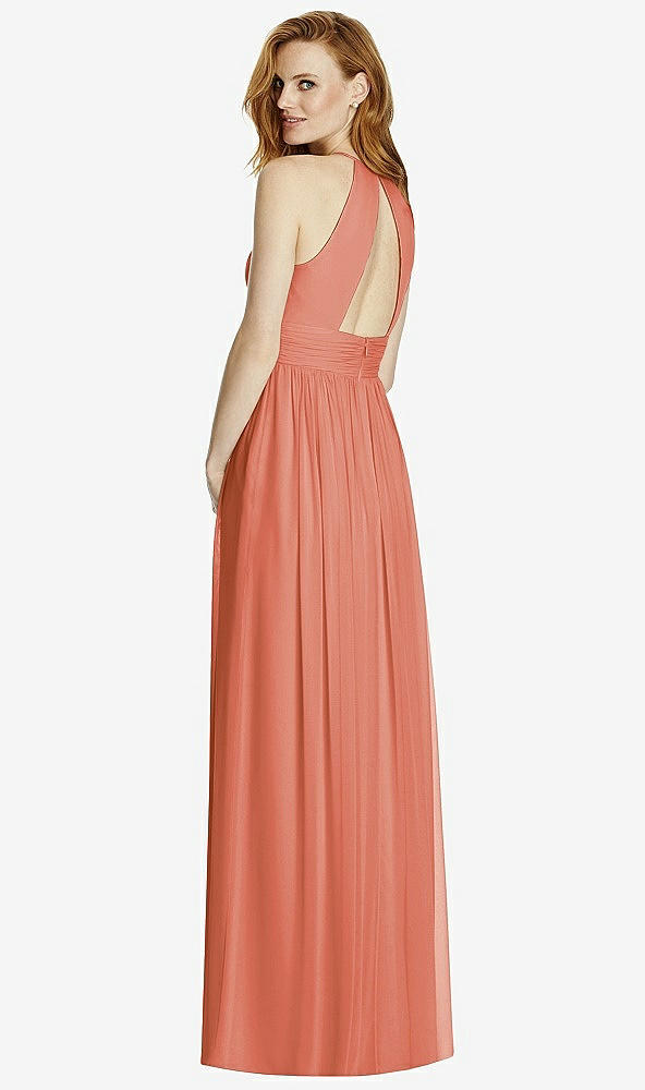 Back View - Terracotta Copper Cutout Open-Back Shirred Halter Maxi Dress