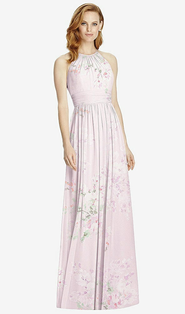 Front View - Watercolor Print Cutout Open-Back Shirred Halter Maxi Dress