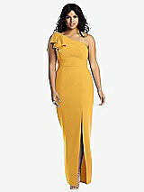 Front View Thumbnail - NYC Yellow Bowed One-Shoulder Trumpet Gown