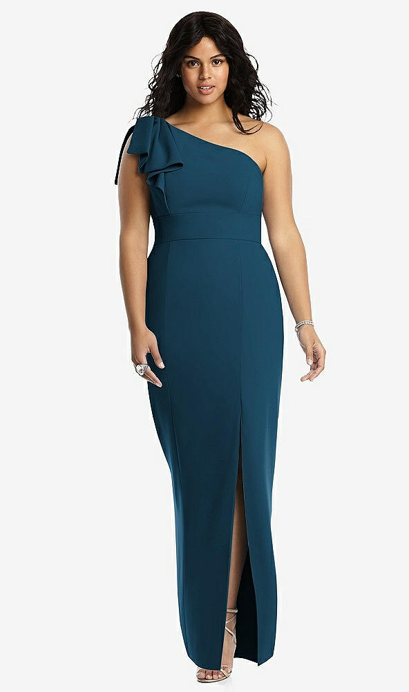 Front View - Atlantic Blue Bowed One-Shoulder Trumpet Gown