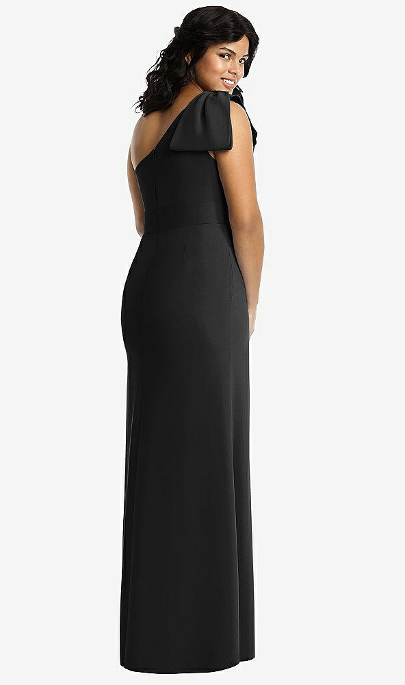 Back View - Black Bowed One-Shoulder Trumpet Gown