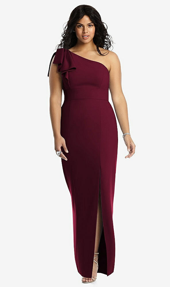 Front View - Cabernet Bowed One-Shoulder Trumpet Gown