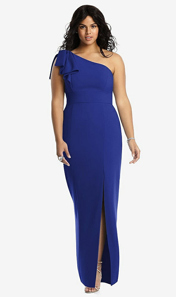 Front View - Cobalt Blue Bowed One-Shoulder Trumpet Gown