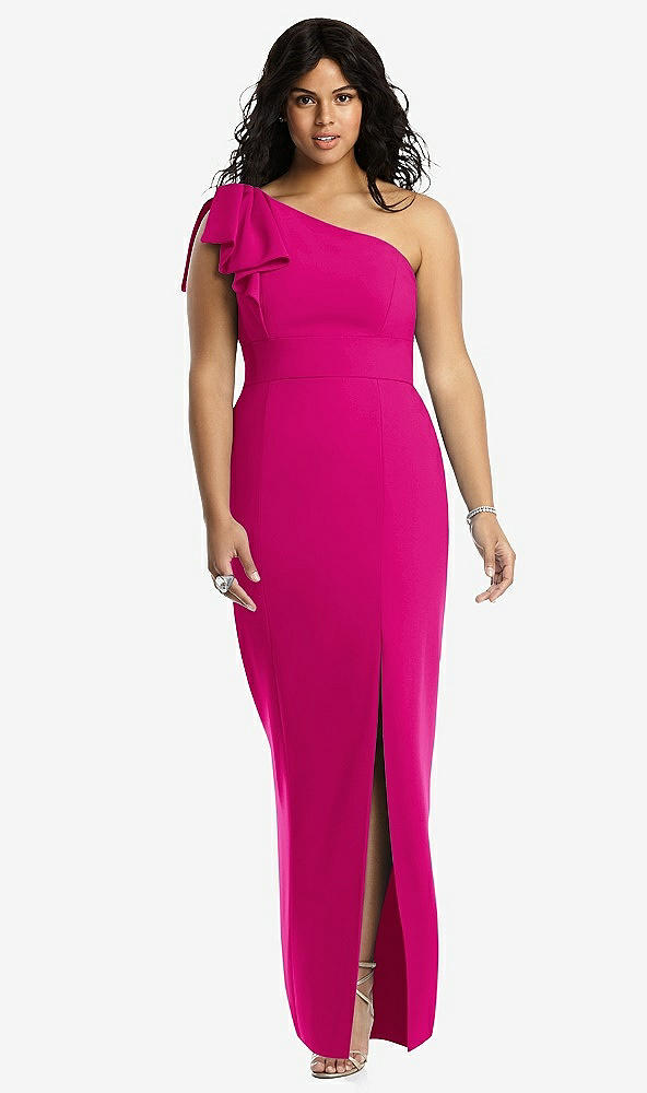 Front View - Think Pink Bowed One-Shoulder Trumpet Gown