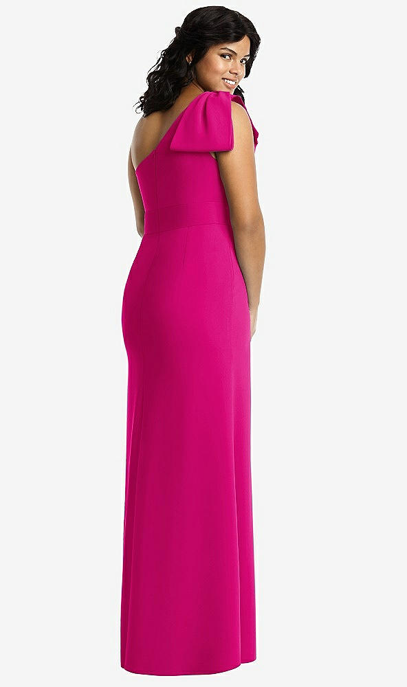 Back View - Think Pink Bowed One-Shoulder Trumpet Gown