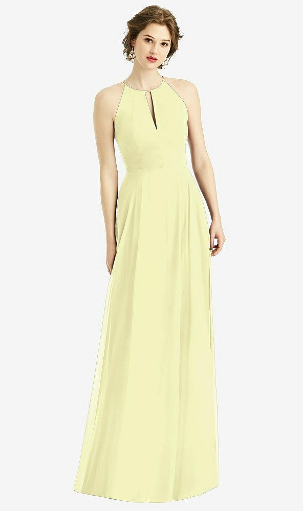 Front View - Butter Yellow Keyhole Halter Chiffon Maxi Dress