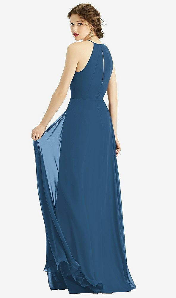 Back View - Dusk Blue Keyhole Halter Chiffon Maxi Dress