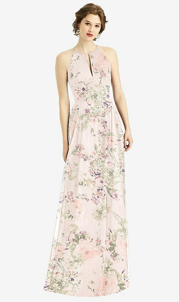 Front View - Blush Garden Keyhole Halter Chiffon Maxi Dress