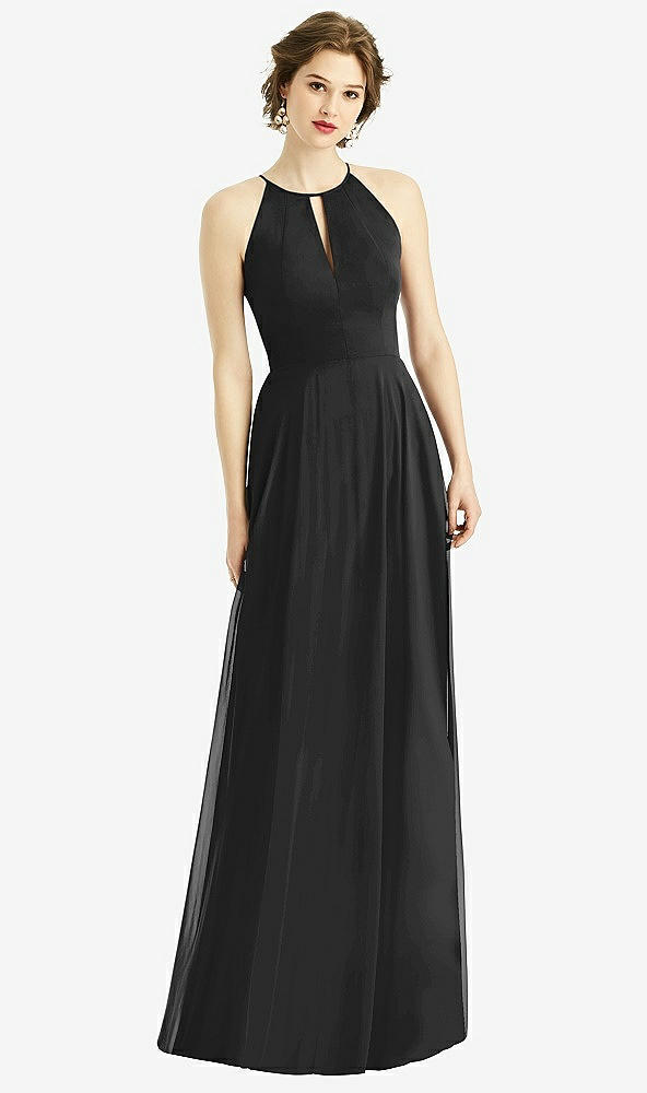 Front View - Black Keyhole Halter Chiffon Maxi Dress