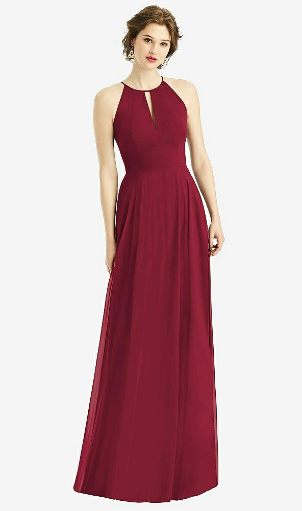 Front View - Burgundy Keyhole Halter Chiffon Maxi Dress