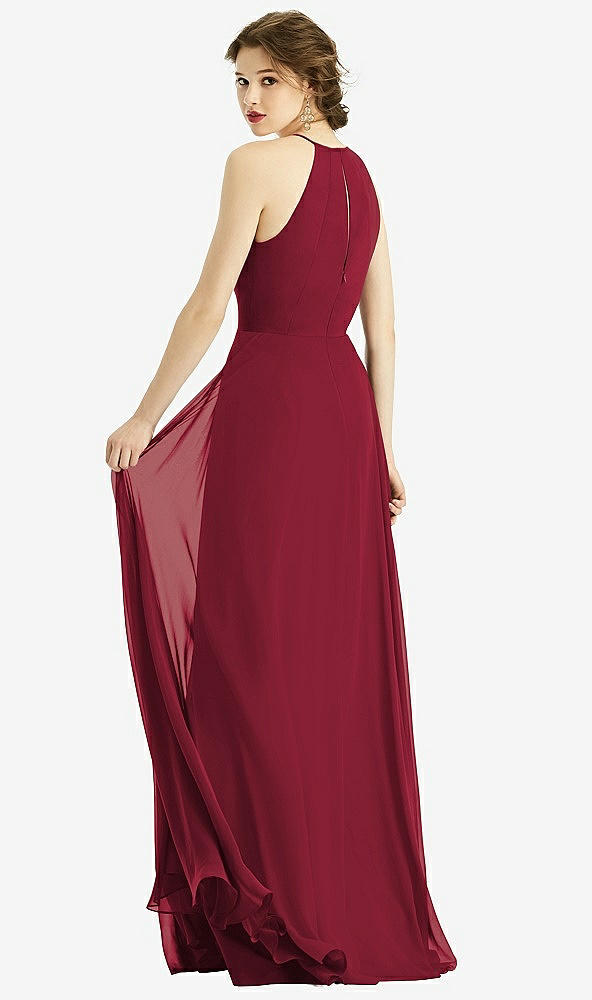 Back View - Burgundy Keyhole Halter Chiffon Maxi Dress