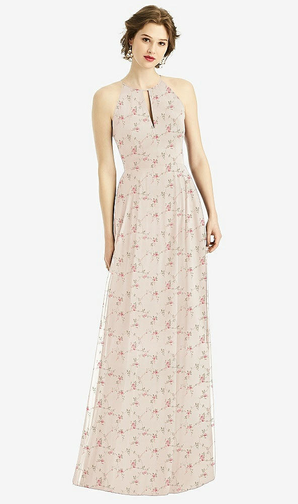 Front View - Coquette Floral Print Keyhole Halter Chiffon Maxi Dress