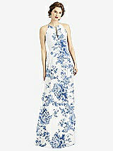 Front View Thumbnail - Cottage Rose Dusk Blue Keyhole Halter Chiffon Maxi Dress