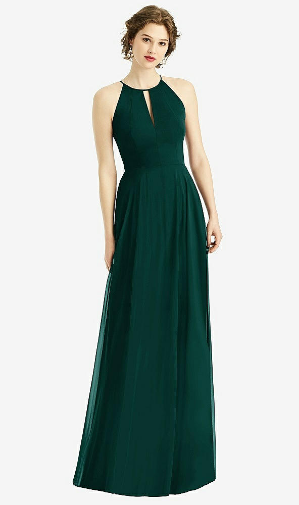 Front View - Evergreen Keyhole Halter Chiffon Maxi Dress