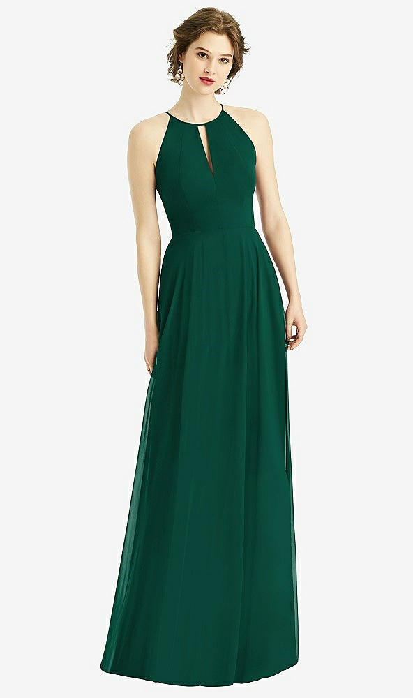 Front View - Hunter Green Keyhole Halter Chiffon Maxi Dress