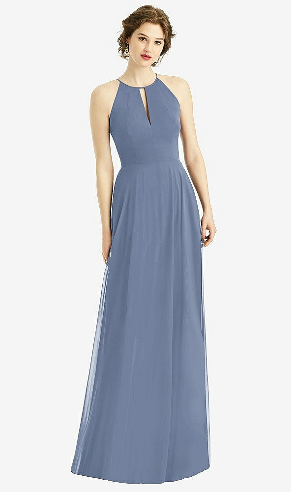 Front View - Larkspur Blue Keyhole Halter Chiffon Maxi Dress