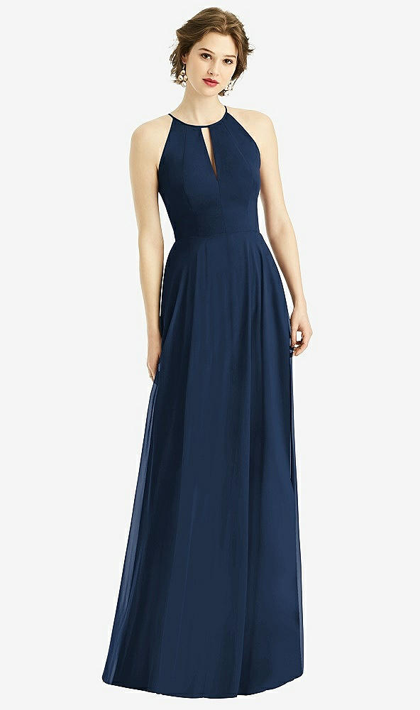 Front View - Midnight Navy Keyhole Halter Chiffon Maxi Dress