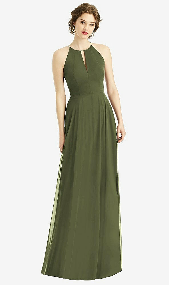 Front View - Olive Green Keyhole Halter Chiffon Maxi Dress