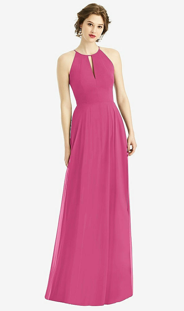 Front View - Tea Rose Keyhole Halter Chiffon Maxi Dress