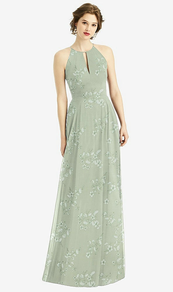 Front View - Vintage Primrose Sage Keyhole Halter Chiffon Maxi Dress