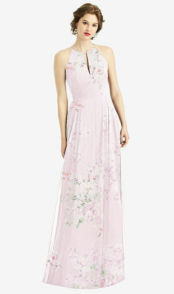 Front View - Watercolor Print Keyhole Halter Chiffon Maxi Dress