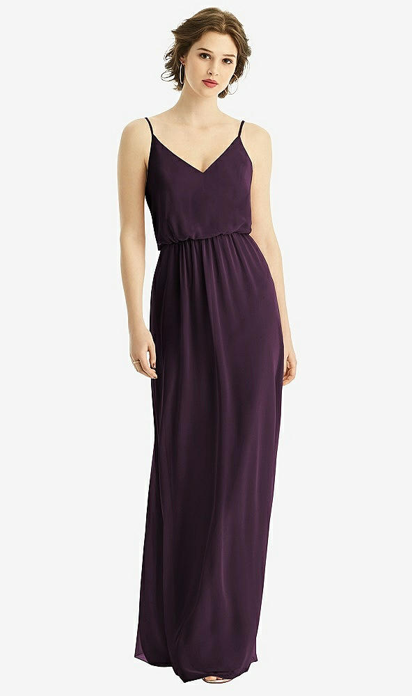 Front View - Aubergine V-Neck Blouson Bodice Chiffon Maxi Dress