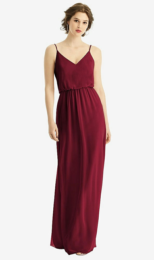 Front View - Burgundy V-Neck Blouson Bodice Chiffon Maxi Dress