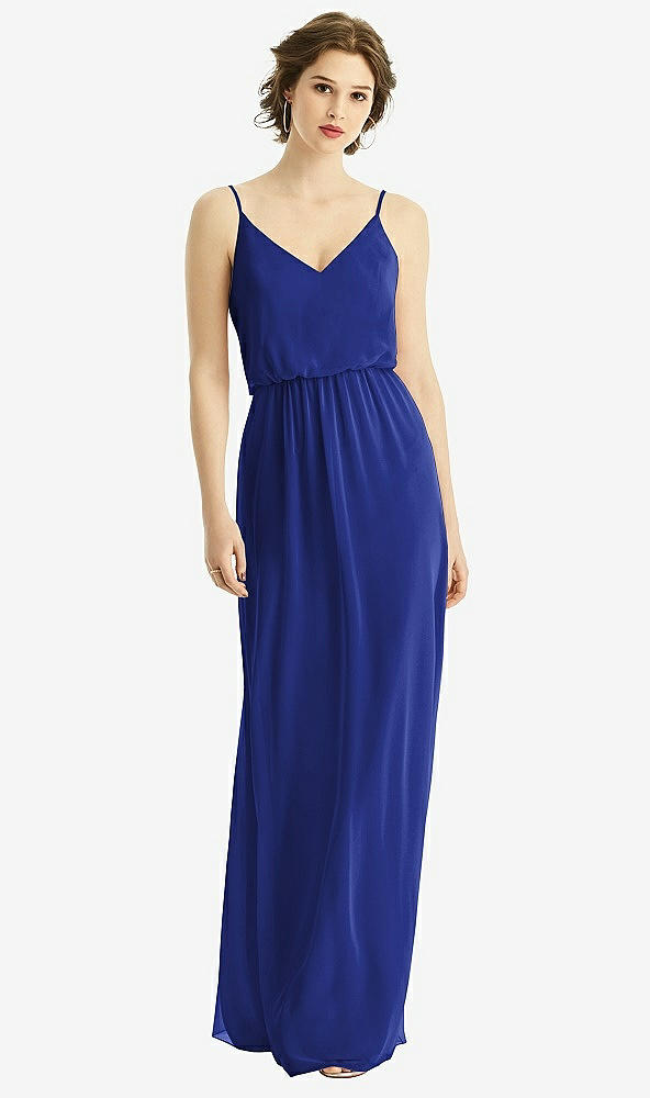 Front View - Cobalt Blue V-Neck Blouson Bodice Chiffon Maxi Dress