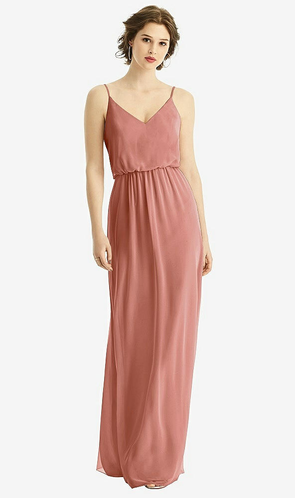 Front View - Desert Rose V-Neck Blouson Bodice Chiffon Maxi Dress