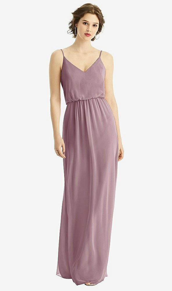 Front View - Dusty Rose V-Neck Blouson Bodice Chiffon Maxi Dress