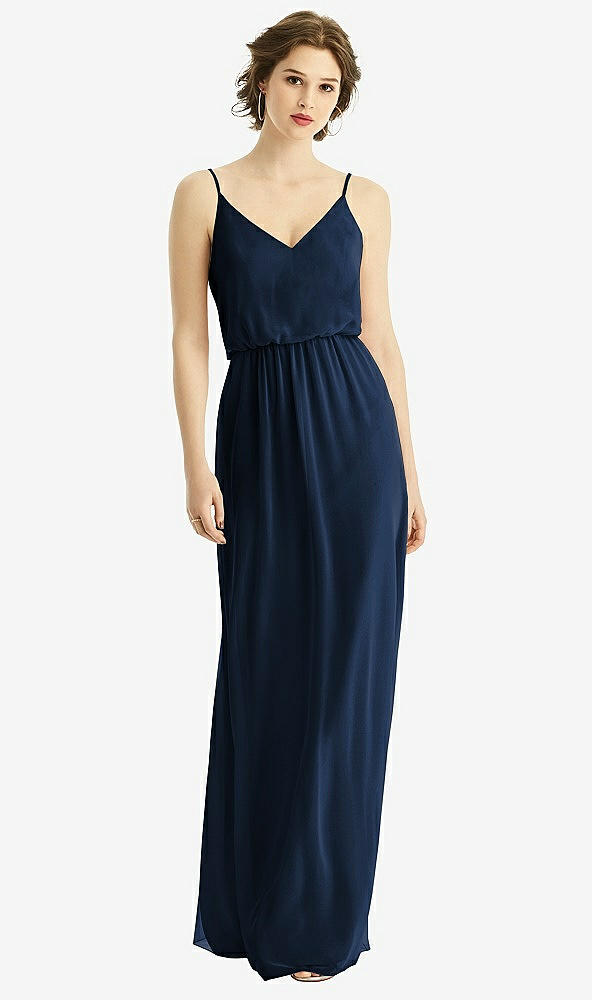 Front View - Midnight Navy V-Neck Blouson Bodice Chiffon Maxi Dress