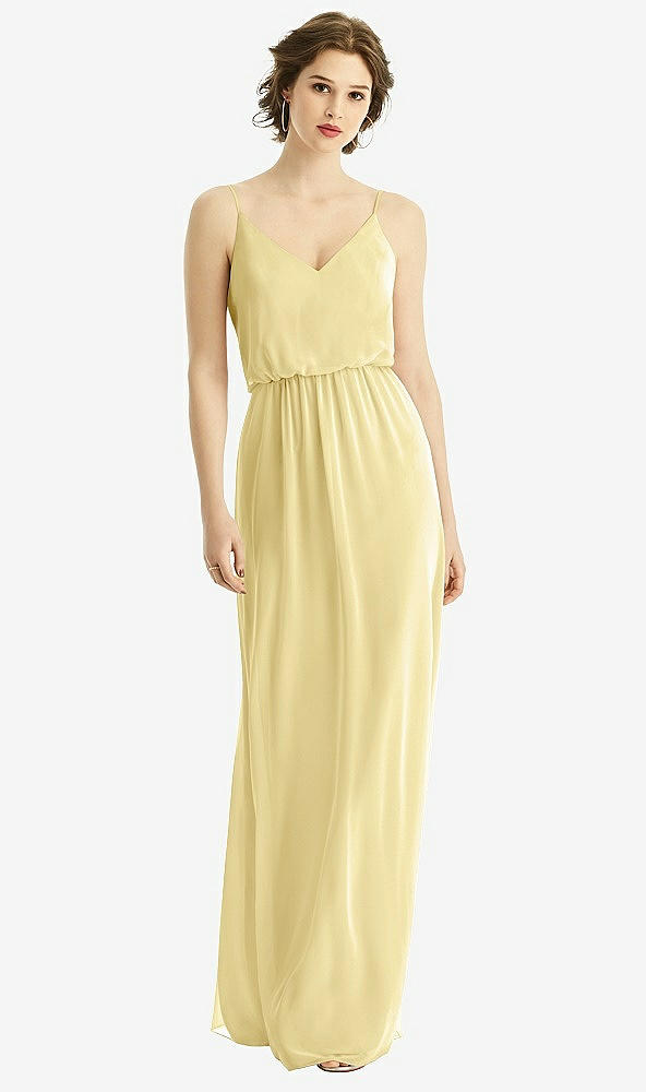 Front View - Pale Yellow V-Neck Blouson Bodice Chiffon Maxi Dress