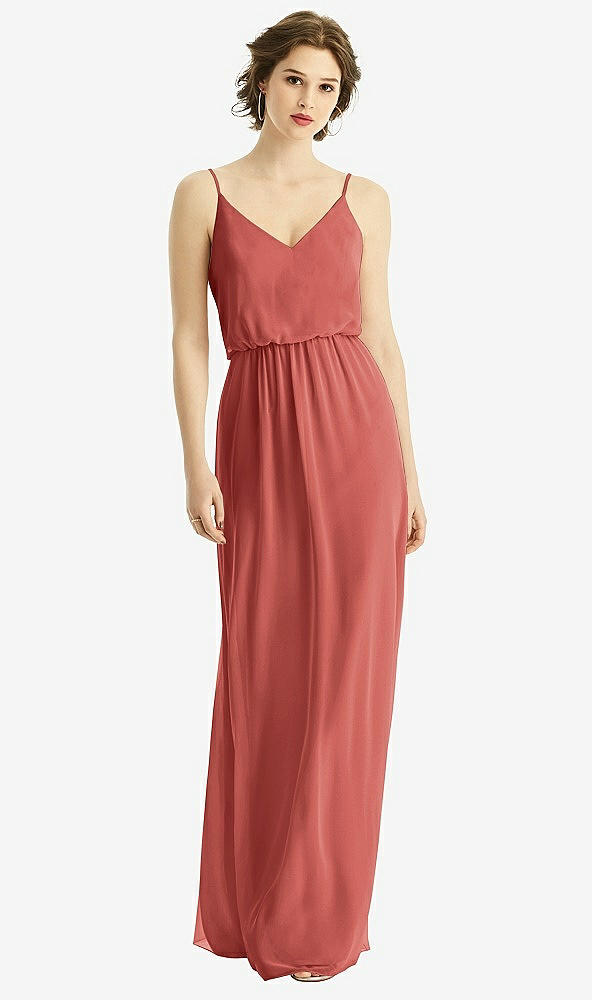 Front View - Coral Pink V-Neck Blouson Bodice Chiffon Maxi Dress