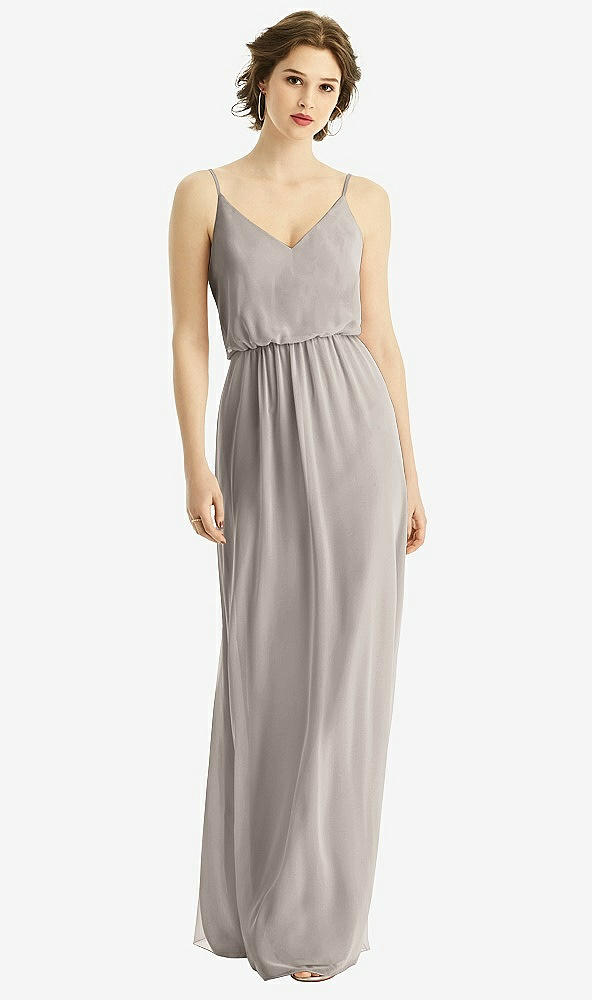 Front View - Taupe V-Neck Blouson Bodice Chiffon Maxi Dress