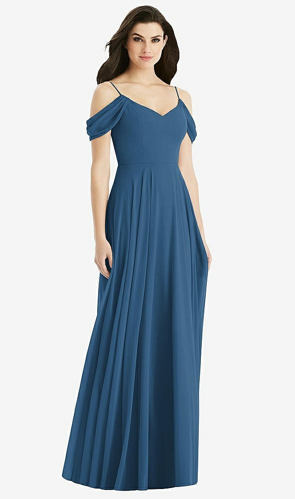 Back View - Dusk Blue Off-the-Shoulder Open Cowl-Back Maxi Dress