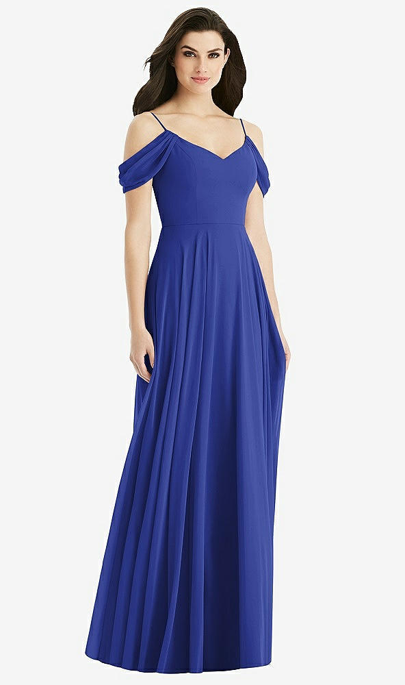 Back View - Cobalt Blue Off-the-Shoulder Open Cowl-Back Maxi Dress