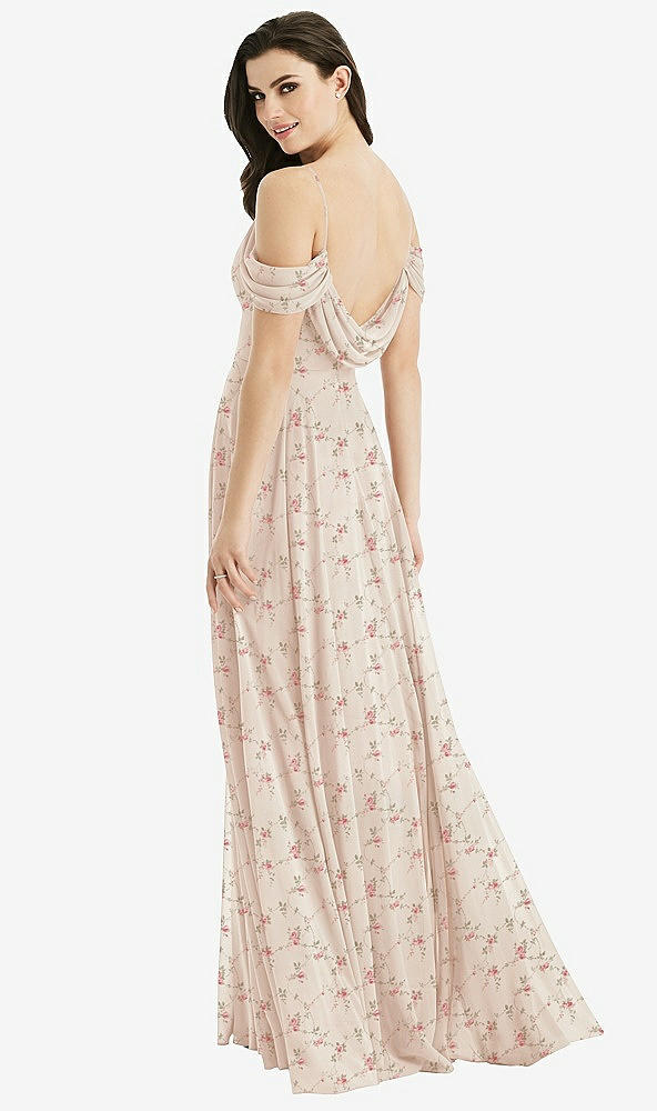 Front View - Coquette Floral Print Off-the-Shoulder Open Cowl-Back Maxi Dress